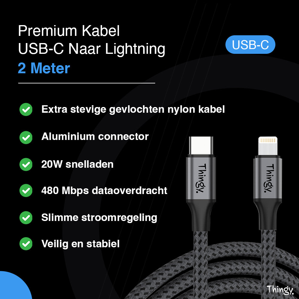 Thingy® Premium USB-C naar Lightning Kabel 2 Meter